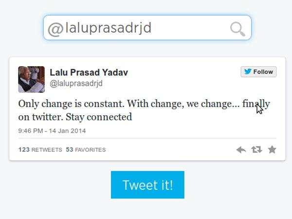 લાલુ પ્રસાદ યાદવે જાન્યુઆરી 2014માં ટ્વિટર જોઇન કર્યું